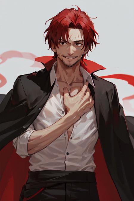 00248-2933063853-, Shnks, solo, shirt, 1boy, black eyes, red hair, cape, white shirt, partially unbuttoned, facial hair, scar,  black hair, upper.png